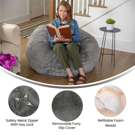 Emma and Oliver Oversized Bean Bag Chair for Kids and Adults Gray Furry {2}