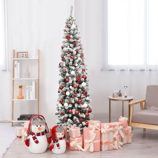 7.5 Feet Pre-lit Snow Flocked Artificial Pencil Christmas Tree with LED Lights {5}