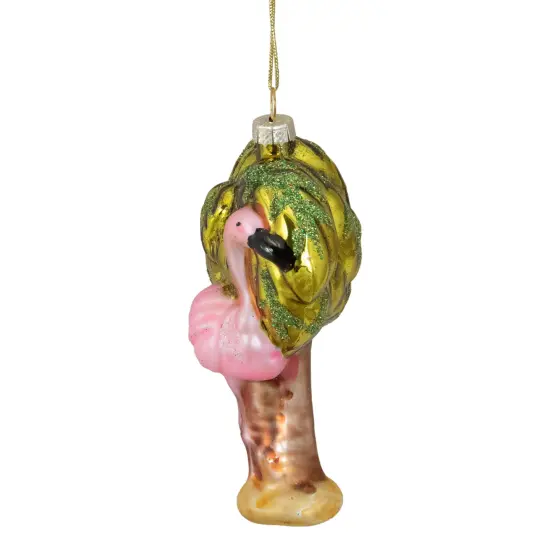 Northlight 4" Pink Flamingo with Palm Tree Glass Christmas Ornament {4}