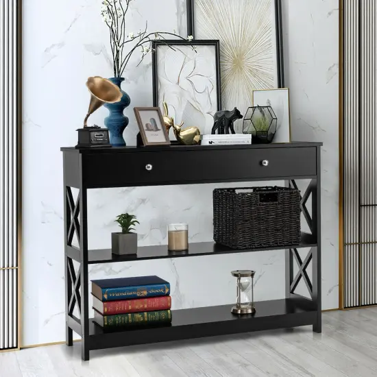 3-Tier Console Table with Drawers for Living Room Entryway Black {2}