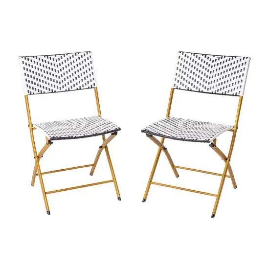 Emma and Oliver Ciel Set of Two Folding Bistro Chairs in PE Rattan with Metal Frames for Indoor and Outdoor Use Navy & White {2}