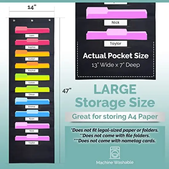 Black Pocket Chart for Classroom - 10 Pocket Storage Rainbow Pocket Charts , 3 Over Door Hangers Included, Hanging Wall File Organizer for File Folders, School Mailbox, Home/Office Papers {3}