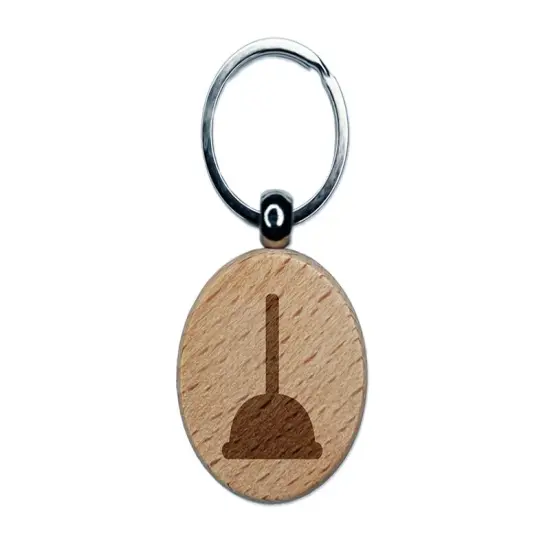 Toilet Plunger Plumbing Icon Solid Engraved Wood Round Keychain Tag Charm {1}