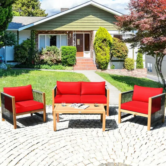 4 Pcs Acacia Wood Outdoor Patio Furniture Set with Cushions Red {3}