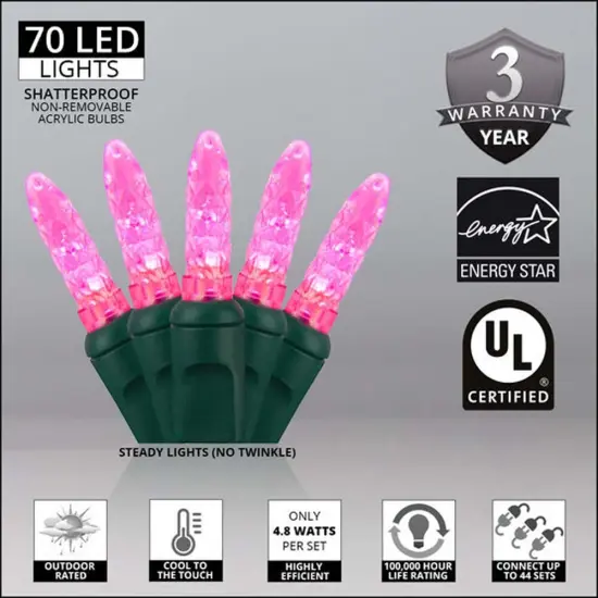 70 Pink M5 LED Lights, Green Wire, 4" Spacing {2}