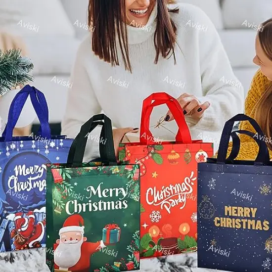 8 PCS Christmas Gift Bags,Christmas Tote Bags with Handles, Christmas Treat Bags, Multifunctional Non-Woven Christmas Bags for Gifts Wrapping Shopping, Xmas Party Supplies, 12.2×9.8×4.5inch {4}
