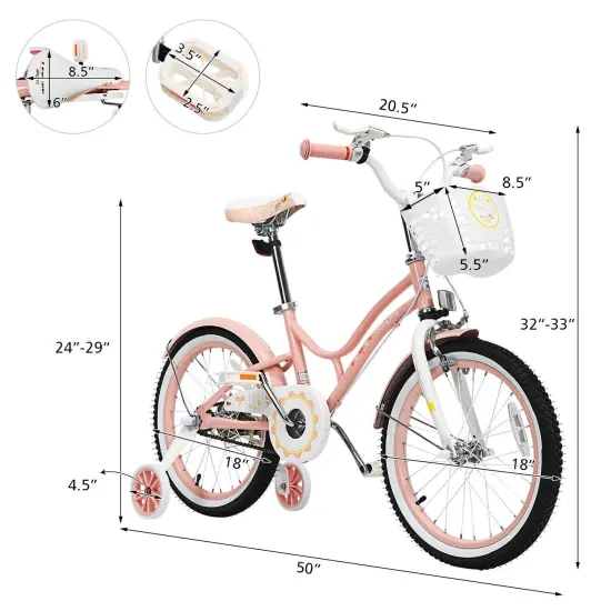 18 Inch Kids Adjustable Bike with Removable Training Wheels and Detachable Basket Pink {5}