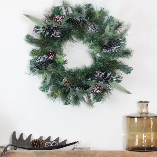 Northlight 24" Mixed Pine with Blueberries Pine Cones and Ice Twigs Artificial Christmas Wreath - Unlit Green {4}