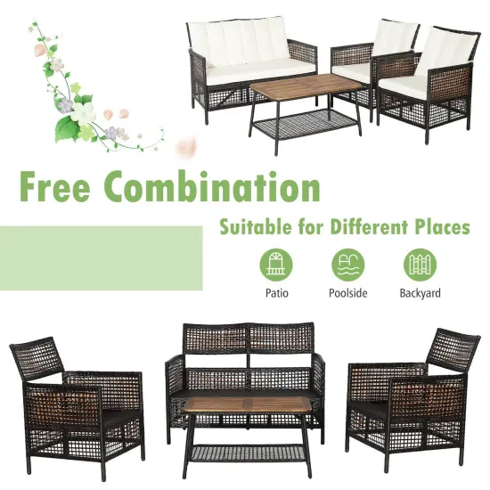4 Pieces Patio Rattan Furniture Set with 2-Tier Coffee Table-White {3}