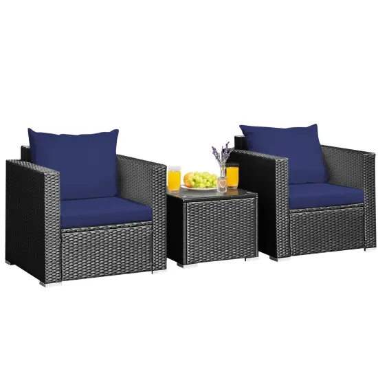 3 Pieces Patio Wicker Furniture Set with Cushion Navy {4}