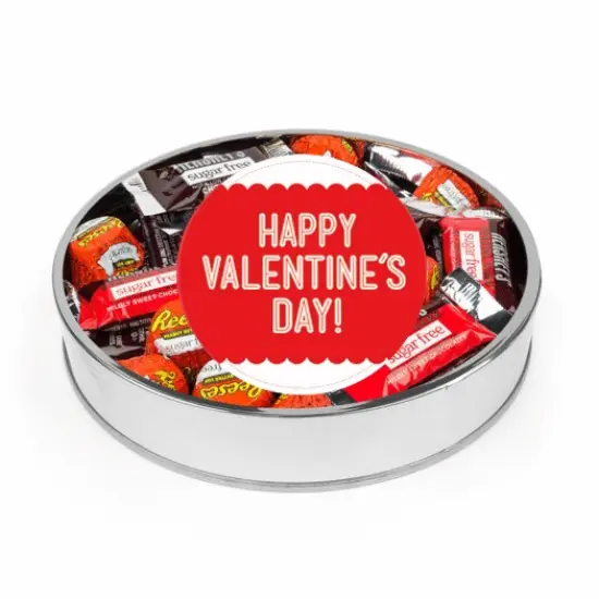 Valentine's Day Sugar Free Candy Gift Tin Large Silver Plastic Tin with Sticker and Hershey's Chocolate & Reese's Mix {1}