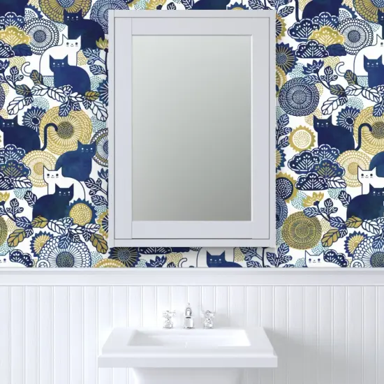 Pre-Pasted Wallpaper 2FT Wide Cat Vintage Floral Gold Cats Navy Blue And Flowers Garden With Custom Pre-pasted Wallpaper by Spoonflower {6}