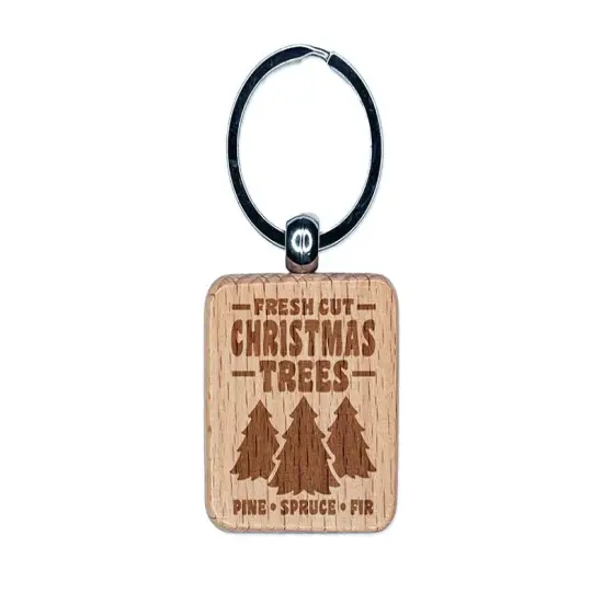 Fresh Cut Christmas Trees Engraved Wood Square Keychain Tag Charm {1}