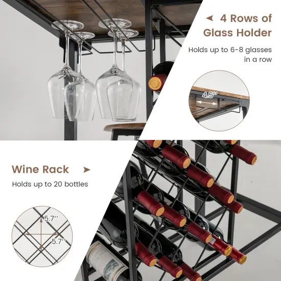 5 Pieces Bar Table and Stools Set with Wine Rack and Glass Holder-Rustic Brown {6}