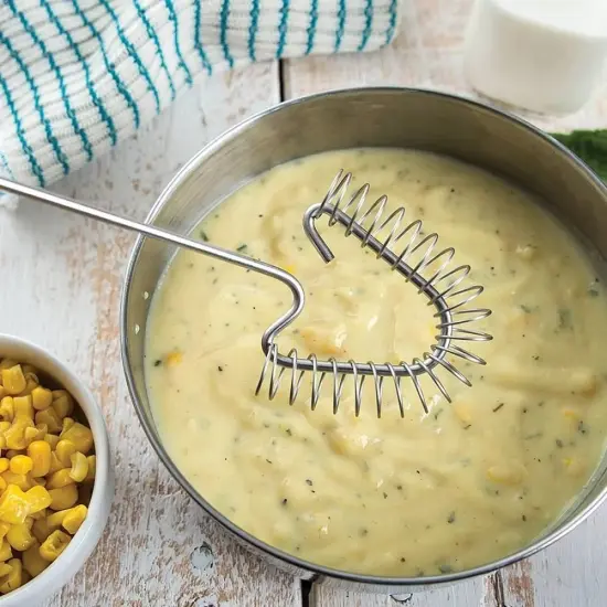 Rada Handi-Stir Wire Whisk, Stainless Steel, Angled Head Reaches Corners and Pan Bottoms, Food Won't Stick in Springs {6}