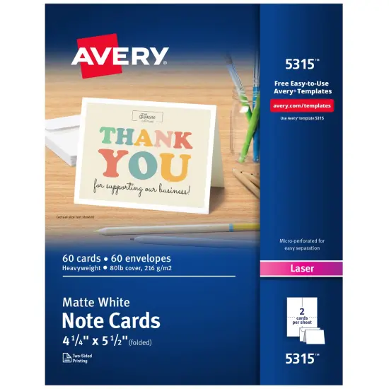 Avery Printable Note Cards with Envelopes, 4.25" x 5.5", White, 60 Blank Note Cards for Laser Printers (5315) {1}