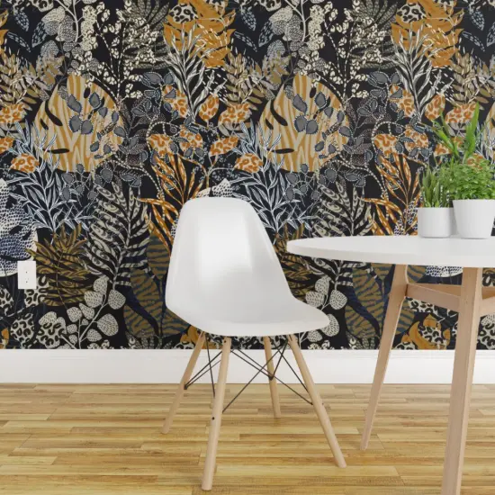 Pre-Pasted Wallpaper 2FT Wide Blue Leaves Animal Print Wild Dark Tropical Tiger Cheetah Lizard Botanical Floral Large Scale Jungle Custom Pre-pasted Wallpaper by Spoonflower {1}