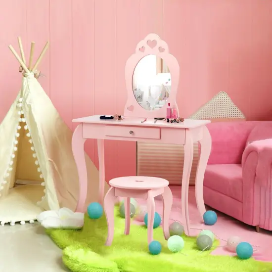 Kids Princess Makeup Dressing Play Table Set with Mirror Pink {2}