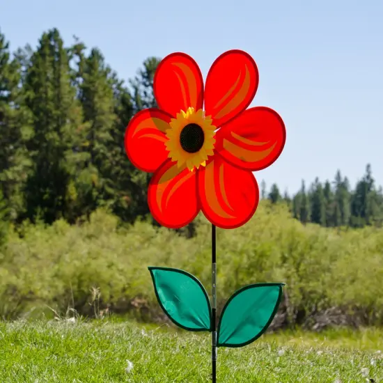 In the Breeze 19 Inch Red Sunflower Wind Spinner with Leaves - Includes Ground Stake - Colorful Flower for your Yard and Garden {2}