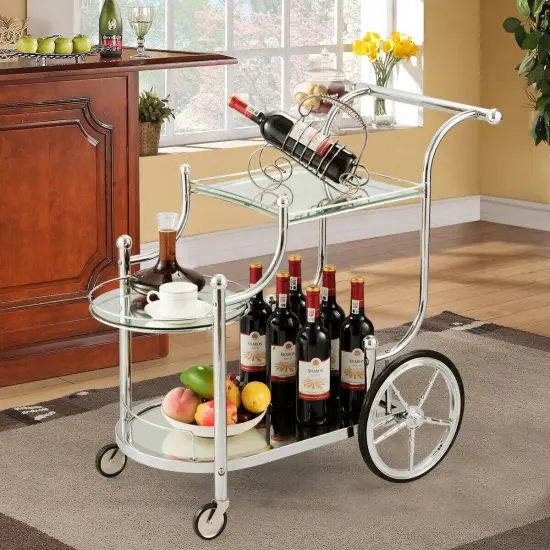 Kitchen Glass Shelves Metal Frame Serving Rolling Cart {2}