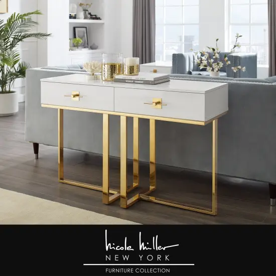 Maui Console Table With Drawers White/Gold {1}