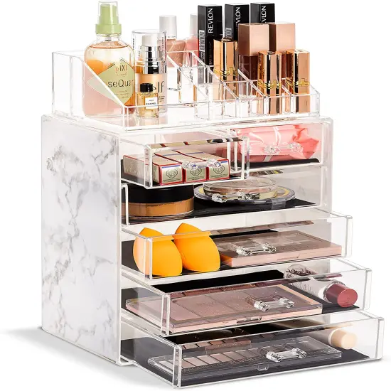Sorbus 2 Piece Acrylic Makeup and Jewelry Storage Organizer Case (6 Drawers and Lipstick Tray) Marble {1}