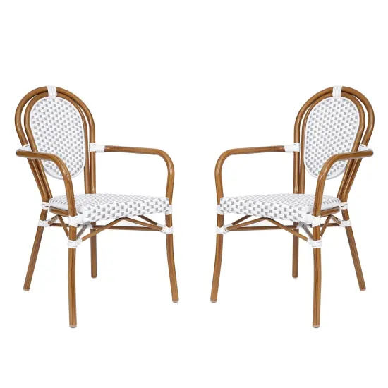 Merrick Lane Celia Set of Two Stacking Thonet Bistro Style Chair with Arms, PE Rattan Seat, and Metal Frame for Indoor/Outdoor Use White&Gray/Natural {2}