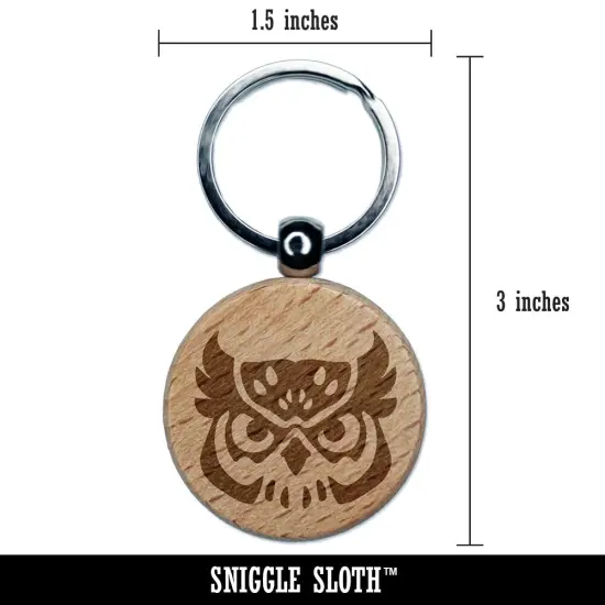 Great Horned Owl Head Engraved Wood Round Keychain Tag Charm {2}