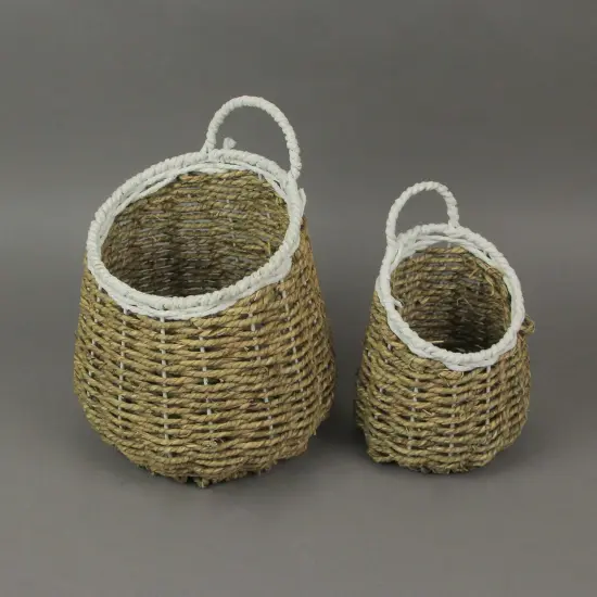 Set of 2 Natural and White Hand-Woven Seagrass Round Baskets Bohemian Decor Brown {6}