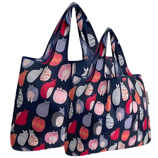 Wrapables Large & Small Foldable Tote Nylon Reusable Grocery Bags, Set of 2 Stylish Kitties {1}