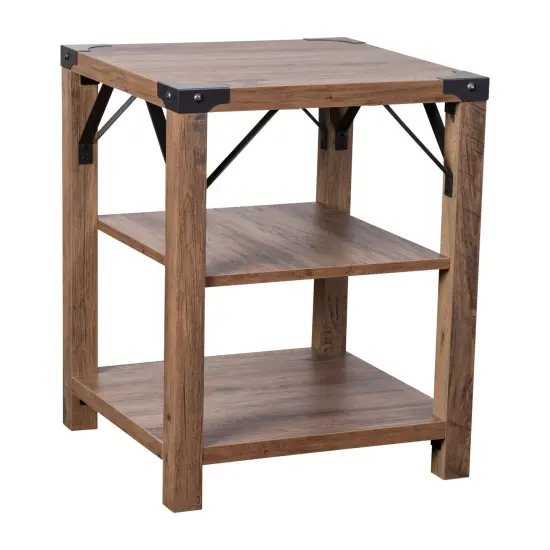 Merrick Lane Green River Modern Farmhouse Engineered Wood End Table with Two Tiered Shelving and Powder Coated Steel Accents Rustic Oak {1}