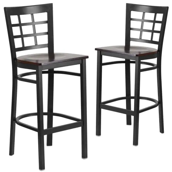Emma and Oliver 2 Pack Window Back Metal Restaurant Barstool Walnut/BlackMetal {1}