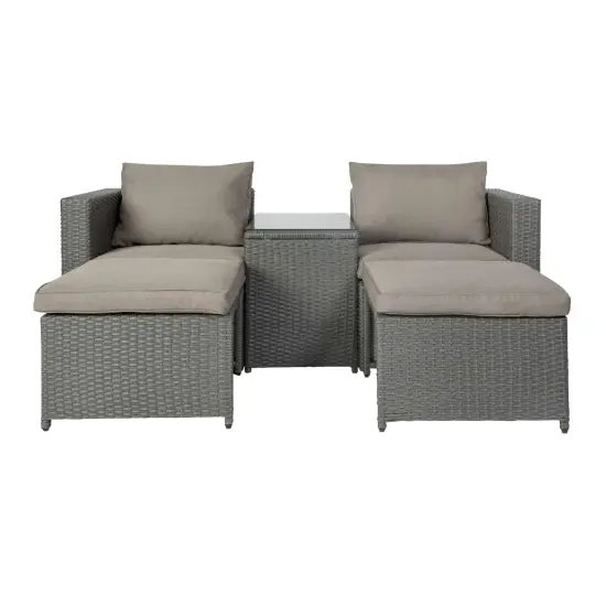 Merrick Lane Canzo Woven Rattan Modular Sofa Set for Indoor/Outdoor Use with Loveseat, Ottomans, and Tempered Glass Table GrayFabric/GrayFrame {6}