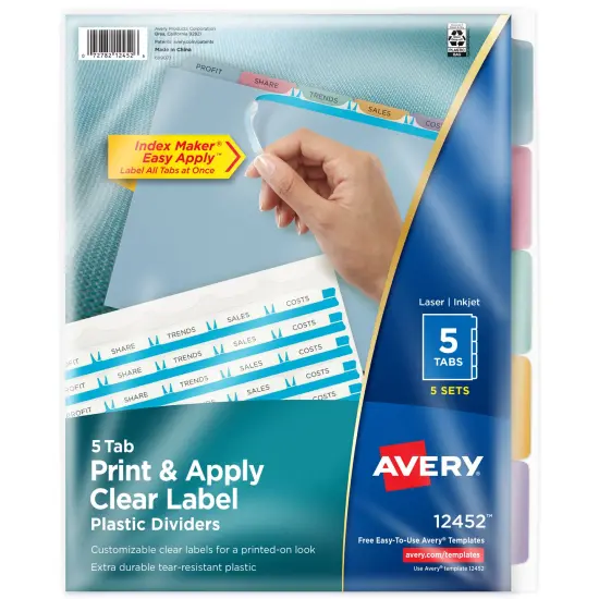 Avery 5 Tab Plastic Dividers for 3 Ring Binder, Easy Print & Apply Clear Label Strip, Index Maker Customizable Multicolor Tabs, 5 Sets (11452) {1}