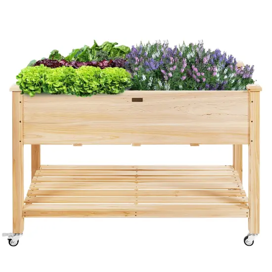 Wood Elevated Planter Bed with Lockable Wheels Shelf and Liner {3}