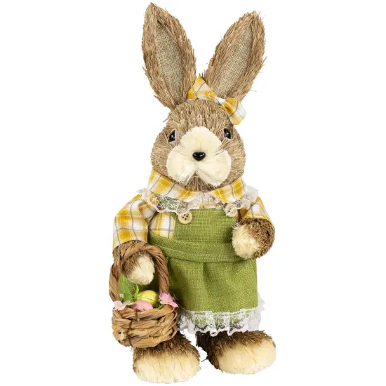 Northlight Girl Sisal Rabbit with Easter Basket Figure - 13.75" - Yellow and Green {3}