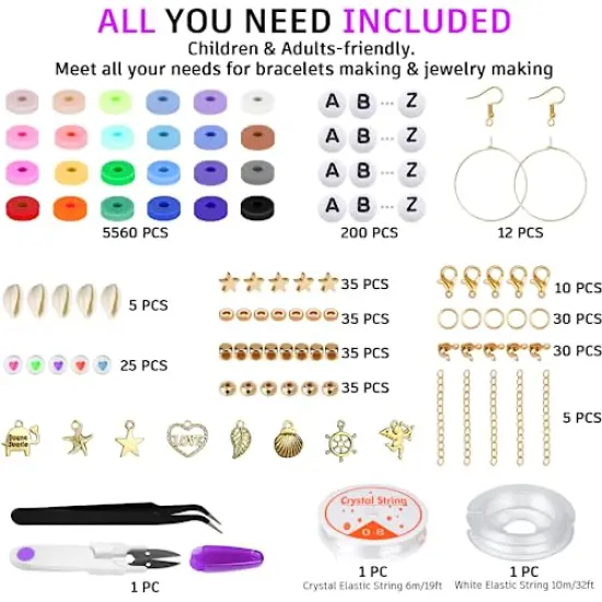 6000 Pieces Clay Beads for Bracelet Making, 24 Colors Flat Round Polymer Clay Beads 6mm Spacer Heishi Beads with Pendant Charms Kit and Elastic Strings for Jewelry Making Kit Bracelets Necklace {5}