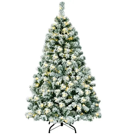 Costway 4.5Ft Pre-Lit Premium Snow Flocked Hinged Artificial Christmas Tree w/200 Lights {1}
