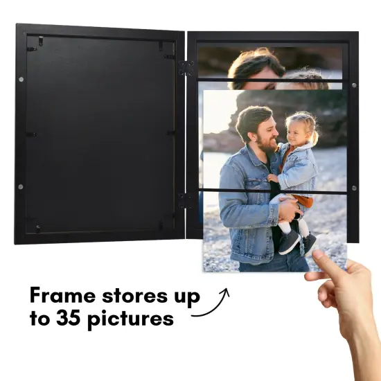Americanflat Quick-Change Photo Storage Display Frame - Store up to 35 Pictures at Once with Elastic Strap Storage - Shatter Resistant Glass - Hanging Hardware - Includes Easel - Black {2}
