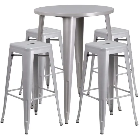 Emma and Oliver Commercial Grade 30" Round Metal Indoor-Outdoor Bar Table Set, 4 Backless Stools Silver {1}