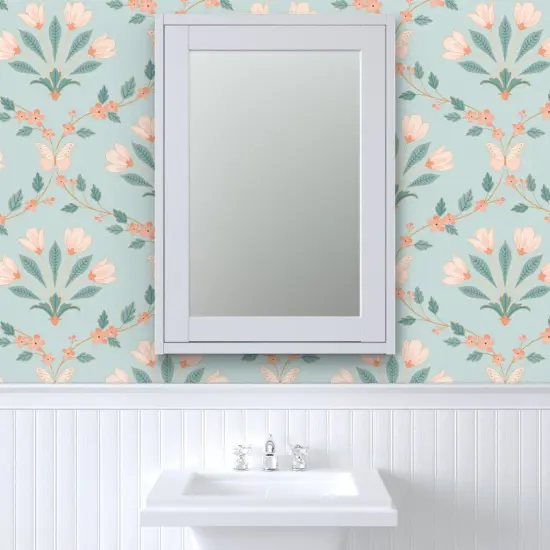 Peel & Stick Wallpaper 2FT Wide Floral Damask Butterflies Spring Flowers Symmetrical Tulips Leaves Botanical Custom Removable Wallpaper by Spoonflower {6}