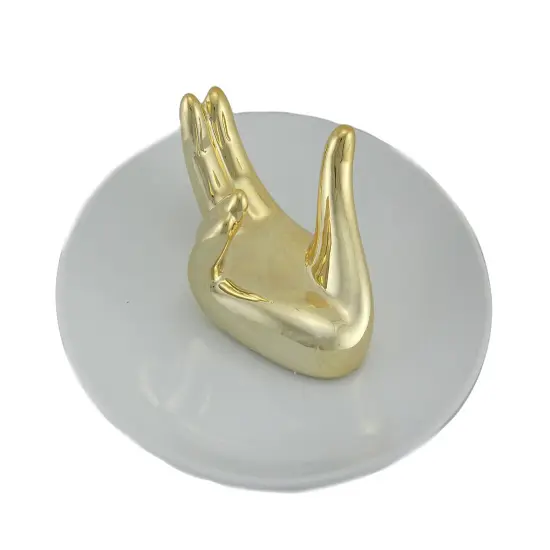 Gold Painted White Ceramic Helping Hand Jewelry Dish Ring Holder {3}