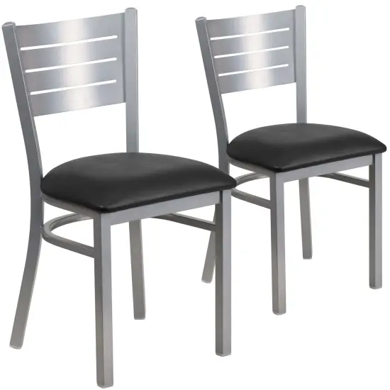Emma and Oliver 2 Pack Silver Slat Back Metal Restaurant Chair BlackVinyl/Silver {1}