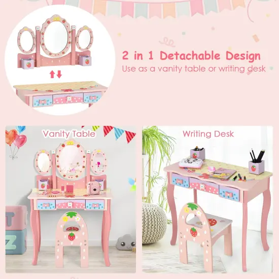 Kids Vanity Princess Makeup Dressing Table Chair Set with Tri-fold Mirror Pink {3}