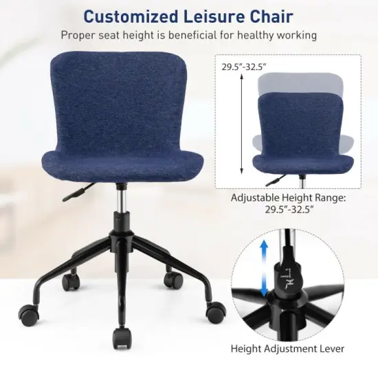Mid Back Armless Office Chair Adjustable Swivel Linen Task Chair Blue {5}
