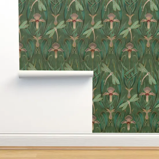 Pre-Pasted Wallpaper 2FT Wide Art Nouveau Deco Emerald Green Nature Floral Lillies 1920S Custom Pre-pasted Wallpaper by Spoonflower {2}