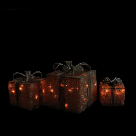 Northlight Lighted Snowflake Burlap Gift Boxes Outdoor Christmas Decorations - Clear - Set of 3 Brown {3}