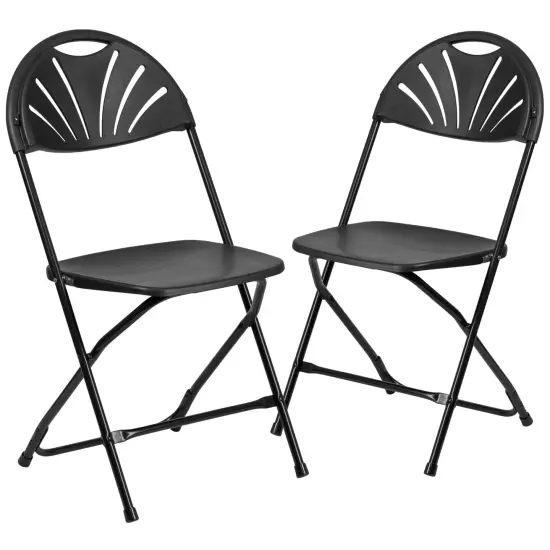 Emma and Oliver 2 Pack Wedding Party Event Fan Back Plastic Folding Chair Home Office Black {1}