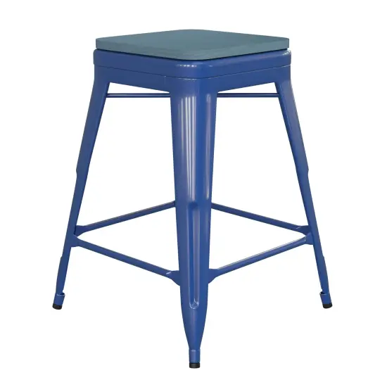 Emma and Oliver Kam Backless Metal Indoor-Outdoor Stool with All-Weather Polystyrene Seat Blue/Teal-Blue {1}