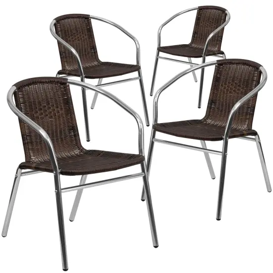 Emma and Oliver 4 Pack Aluminum and Rattan Commercial Indoor-Outdoor Restaurant Stack Chair AluminumandDarkBrown {1}